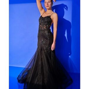 Gianni Bini Black Beaded Tulle Mermaid Prom Dress